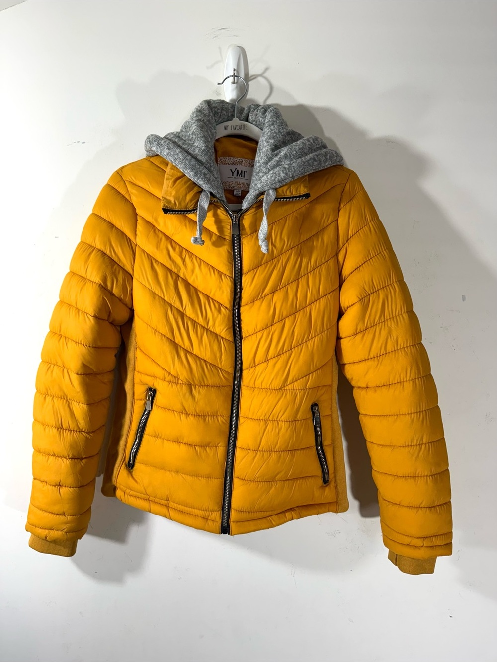 YMI women’s Mustard Puffer Jacket Zip Out gray Hoodie NWOT - Picture 2 of 12